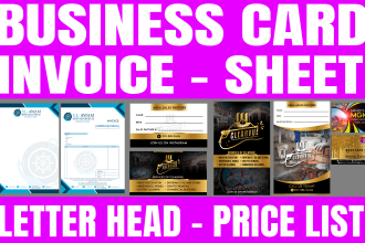 business card, invoice, letter head, price list, check list