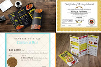 design amazing food restaurant menu, certificates, awards design