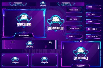 design a twitch logo, animated overlays, panels, screens, alerts and more