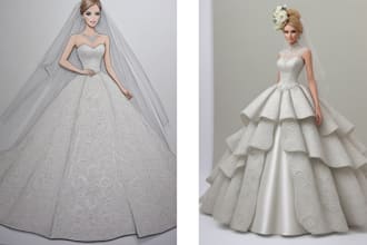 draw fashion illustration, wedding dress design, portrait