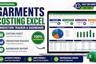 create garments costing sheet, production tracker and excel dashboard