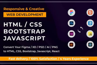 be your frontend developer using html, react and bootstrap