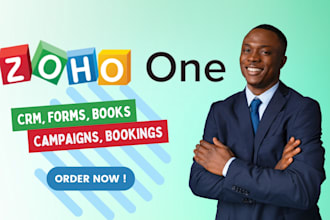 set up zoho CRM, zoho forms, zoho campaigns, zoho books, zoho sites, zoho des