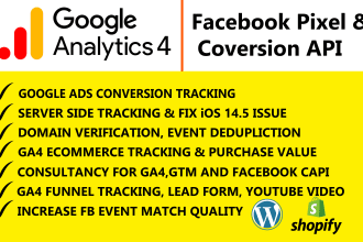 setup google analytics 4, ga4 ecommerce tracking, facebook pixel conversion API