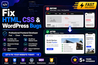 fix HTML CSS bugs, create modern animations, responsive UI, wordpress frontend