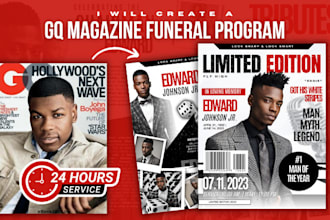 design a gq magazine style funeral brochure, church flyer