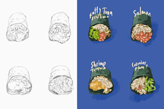 create an food illustration with cartoon manga style