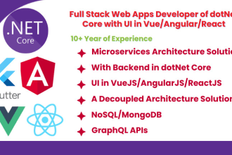 develop full stack apps of csharp dotnet core with UI in vue, react or angular