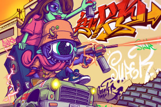 create a hand drawn graffiti and character design