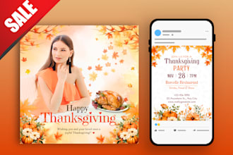 design thanksgiving flyer, menu, card, social post, banner, reel, greeting card