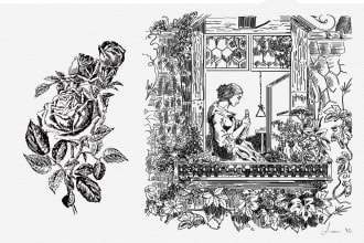 create an etching style wedding crest or illustration