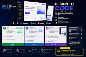 convert your design to HTML, tailwind, or react, angular