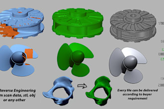 do reverse engineering from scan, stl, obj, data to step, cad model and 3d print