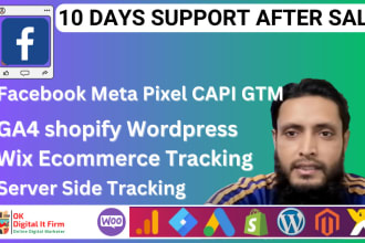 setup ga4 shopify wordpress wix ecommerce tracking, facebook meta pixel capi gtm