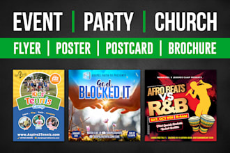 design event, parties, church flyers, posters, postcards, or brochures