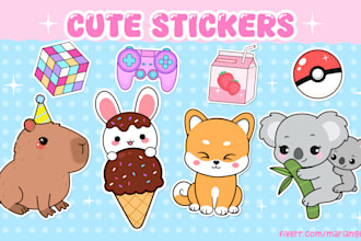 draw cute kawaii stickers, doodles, chibi animal, cartoon