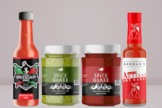 do sauce labels, spice labels, salsa, seasoning, jar, honey, dips, and peppers