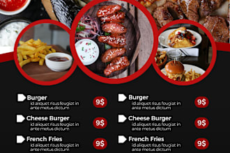 design food flyers, poster banners, menu cards, and brochures