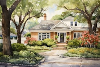 draw watercolor your house building illustration