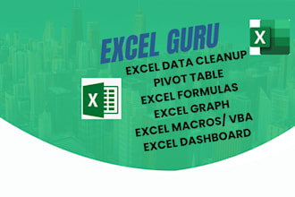 be your excel guru in cleanup,graph, pivot table, formulas, dashboard