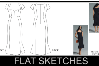 create clothing and fashion tech packs and flat sketches