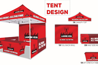 do tent design with top of tent ,table cover, roll up banner, back wall ,flag