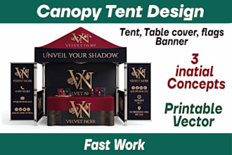 do tent design with top of tent ,table cover, roll up banner, back wall ,flag