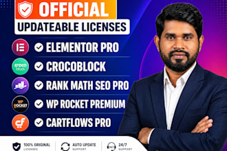 install elementor pro, crocoblock, wp rocket, rankmath with valid license