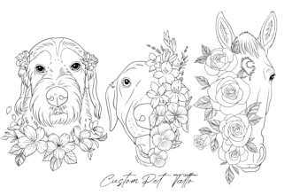 do stunning line art pet tattoo design with flowers