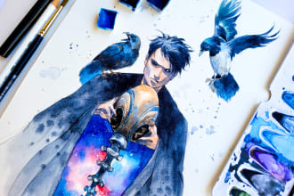 draw original characters and fanart illustration in watercolor