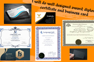 do designed award, business card, logo design certificate