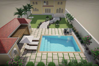 do custom 3d backyard landscape design, front yard garden, pool, patio, deck