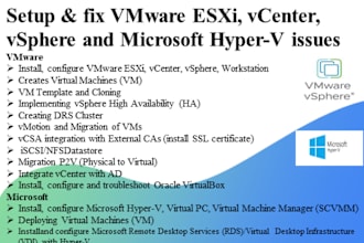 setup and fix vmware esxi, vcenter, vsphere ha and microsoft hyper v, vdi issues