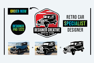 create hand drawn vintage car logo design with editable files