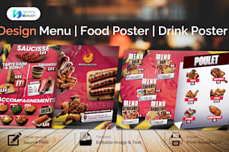 create restaurant menu design, food poster and drink posters