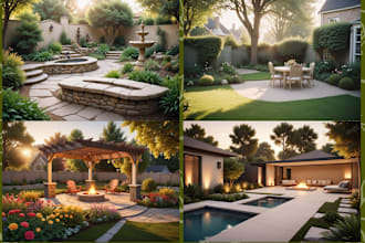 design 3d landscape,backyard,front yard,pool,garden,patio,outdoor with render