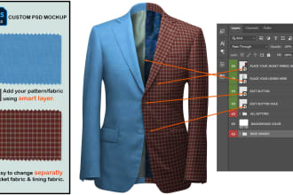 do a custom PSD coat, jacket and blazer mockup to add fabric or pattern