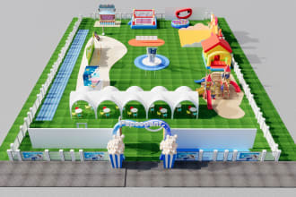 design 3d outdoor event, event floor plan, exhibition booth with 1 free design