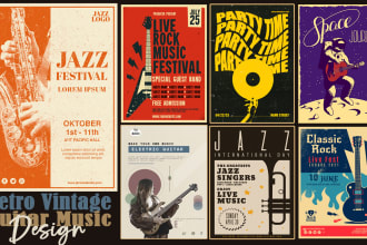 do retro music event poster design or guitar flyer concert