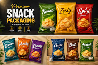 modern food and snack label for pouch, chips and bottle