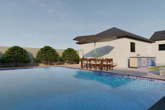 design 3d landscape design, backyard, garden, pool, patio, exterior with render