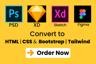 convert figma, PSD, xd to HTML, CSS, bootstrap, tailwind