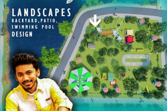 3d render backyard, garden, swimming pool, patio, and park landscape design