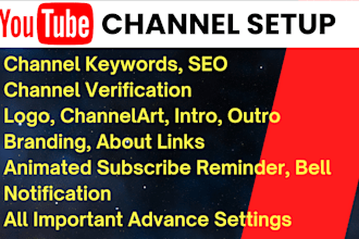 create youtube channel with logo, channelart, intro, all important setting