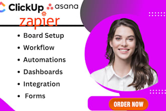 setup clickup, asana workflow, hubspot crm, zapier automation, monday com