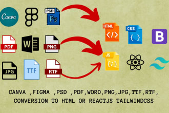 convert canva,figma,pdf,docx, etc to html and reactjs tailwindcss code
