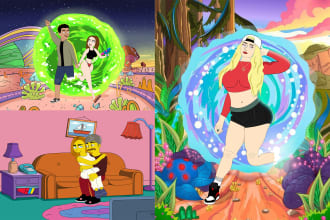 create custom illustration of r and m ,family guy style