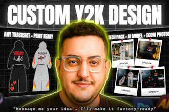 design a custom y2k streetwear tracksuit set with tech pack and mockups