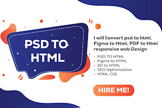 convert PSD to HTML, figma to html, pdf to html responsive