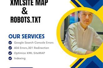 create and fix XML sitemap, robots txt, broken links, 404 error